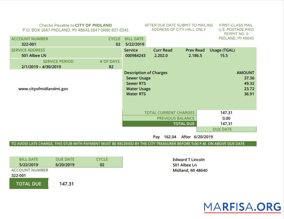 Printable USA Michigan water utility bill template in Word and PDF (.doc and .pdf) format